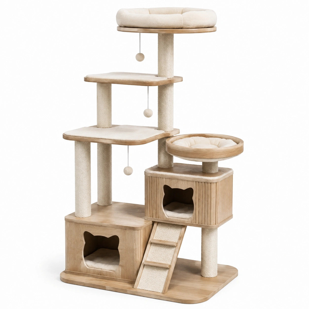 Arbre à chat en bois avec plateformes et niches, 140 cm