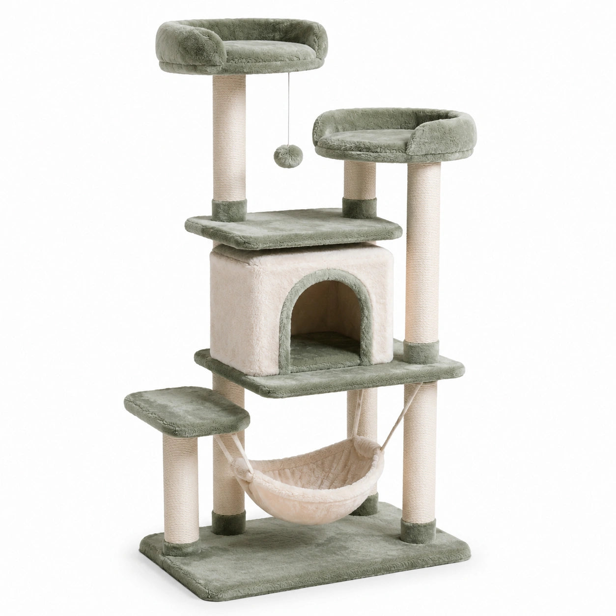 Arbre à chat en peluche avec sisal, vert et ivoire