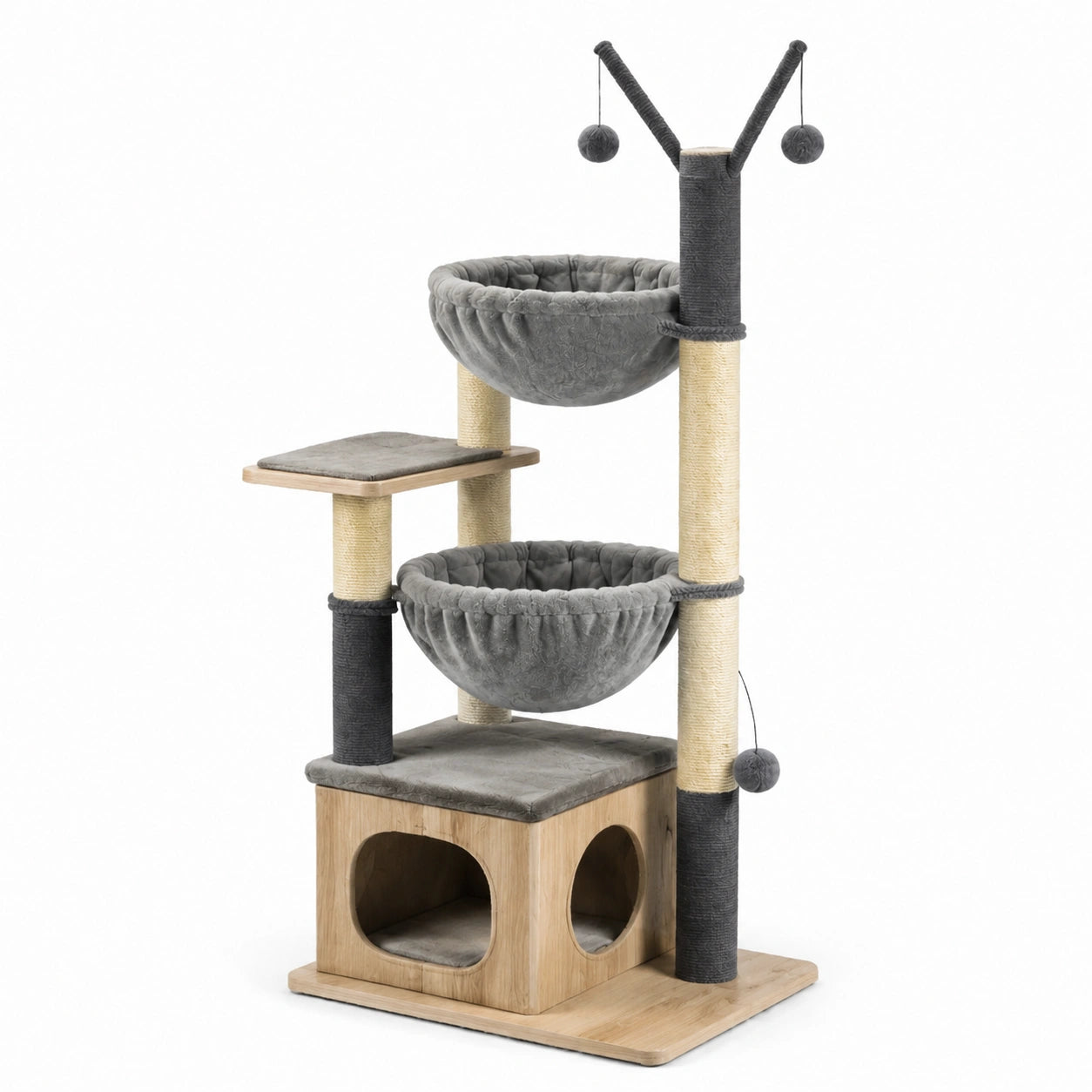 Arbre à chat en bois avec paniers en peluche gris et grattoirs en sisal 120 cm