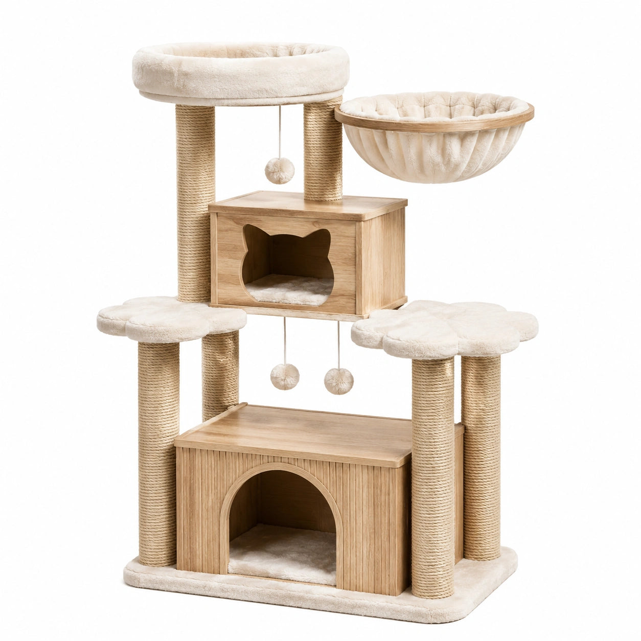 Arbre à chat en bois et sisal avec niches et plateformes, 120 cm