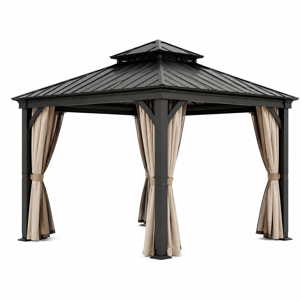 Pavillon en aluminium et acier avec rideaux en polyester beige 300x300 cm