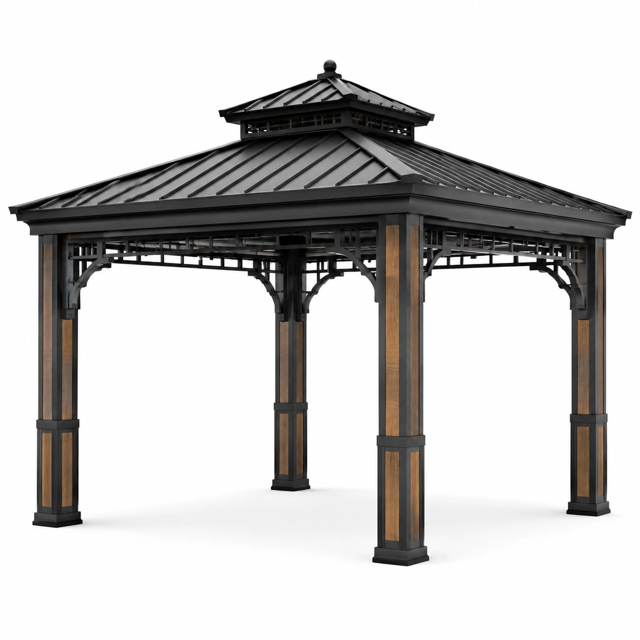 Pavillon avec toit en acier et piliers en aluminium et bois