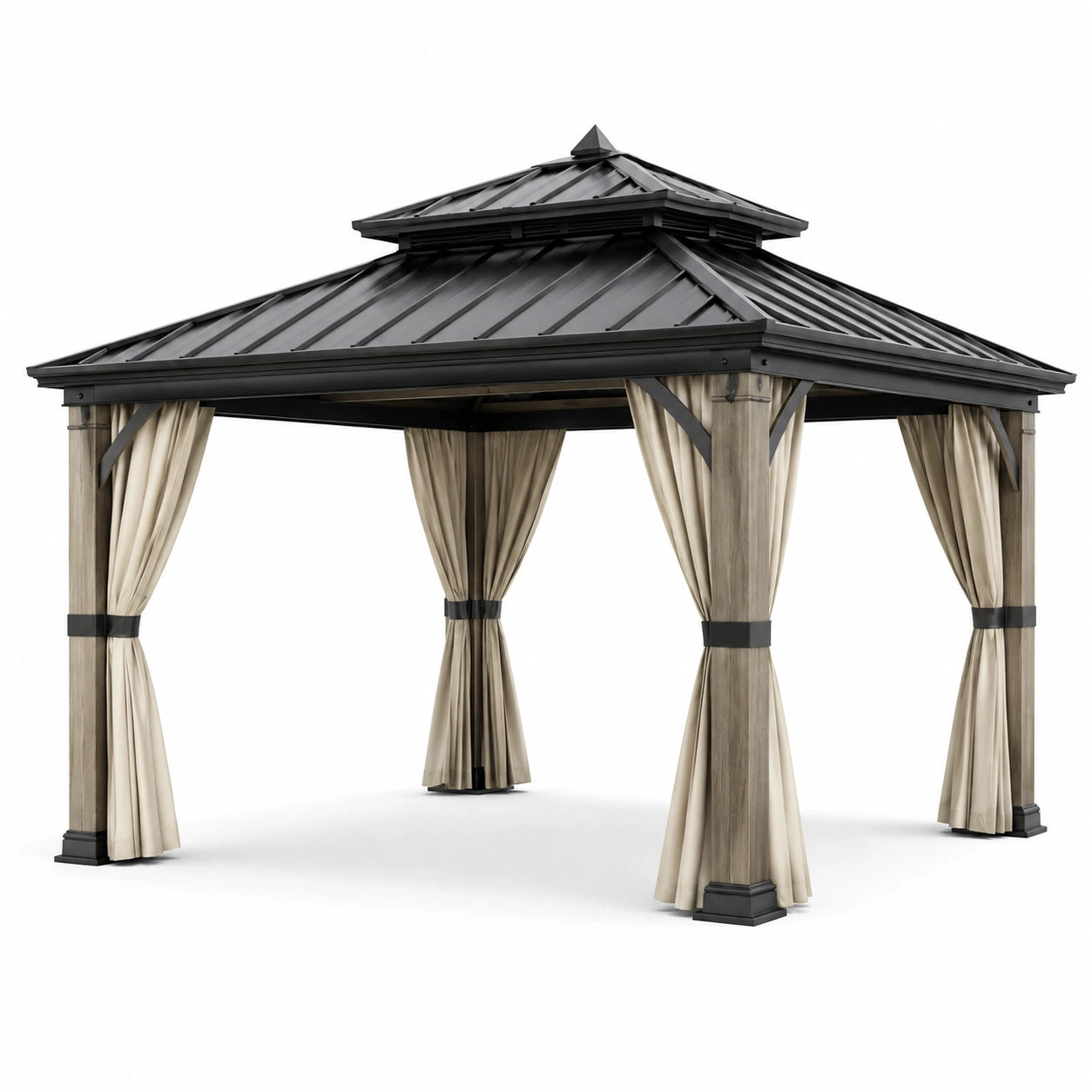 Pavillon de jardin en métal avec toit et rideaux en polyester 3x3,5 mètres