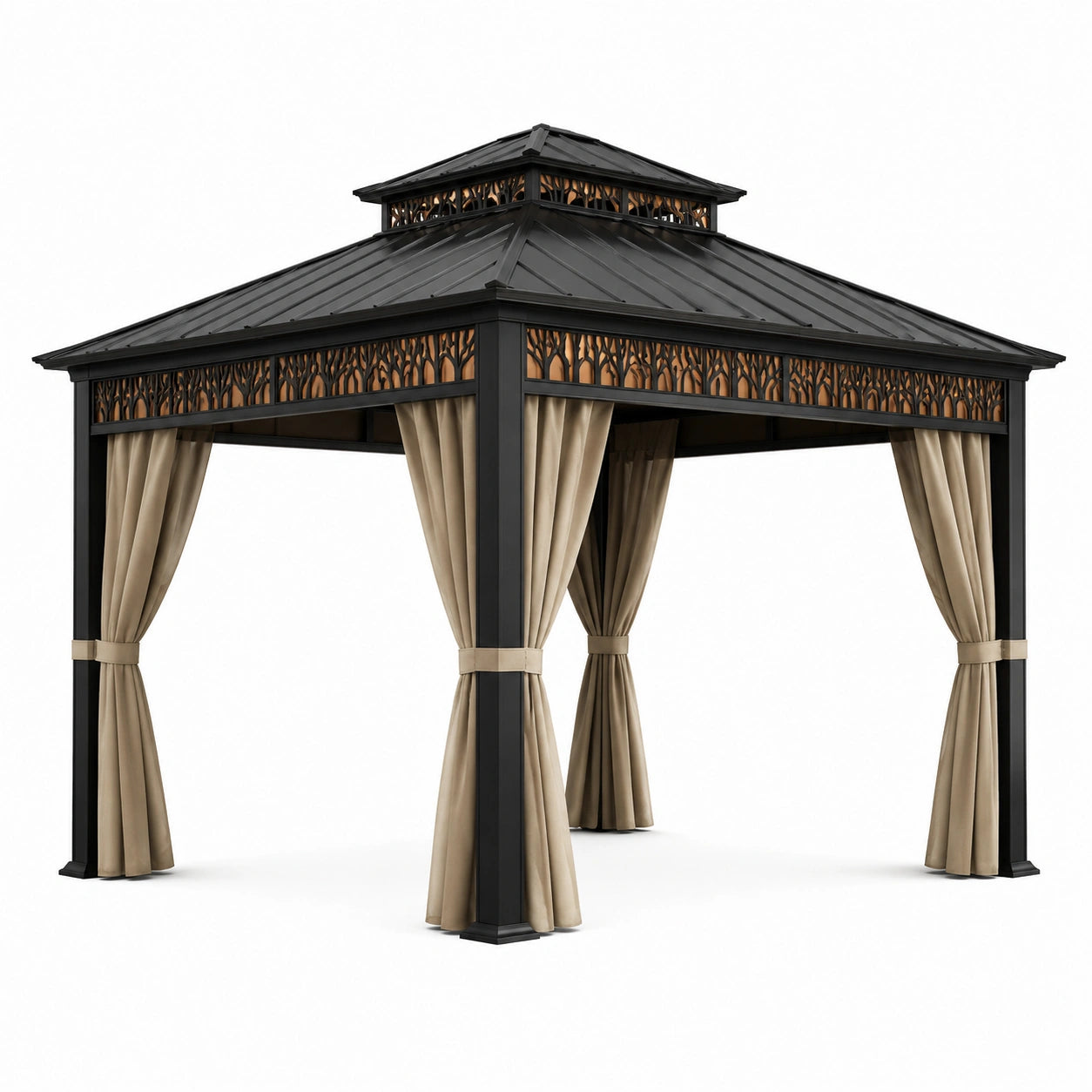 Pavillon en aluminium avec toit en acier noir et rideaux en polyester beige 3x3m