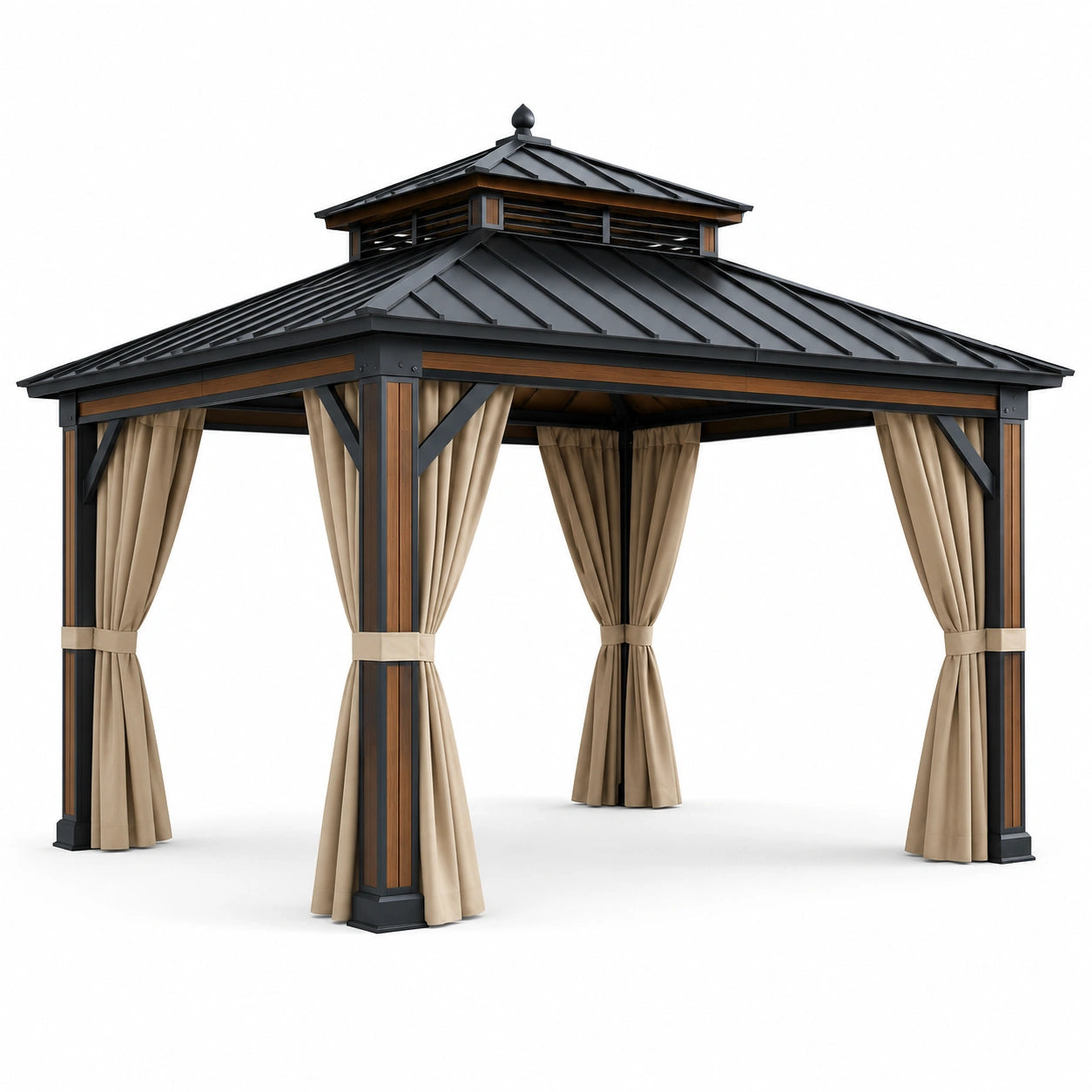 Pavillon de jardin en métal et polyester avec rideaux beiges 300x300x270 cm