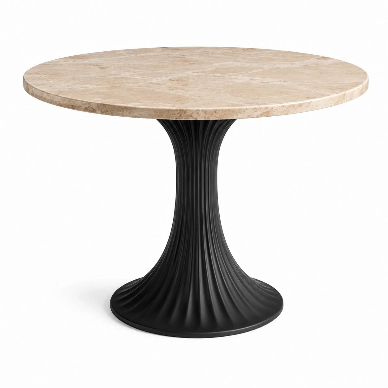 Table ronde en marbre beige avec pied en métal noir, 120 cm de diamètre