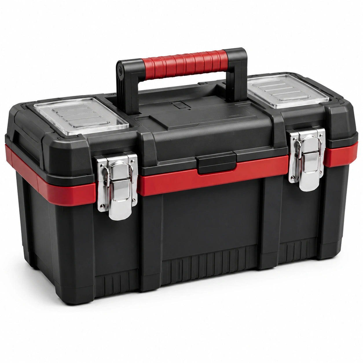 Boîte à outils plastique noir et rouge avec loquets métal