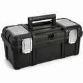 Boîte à outils en plastique avec compartiments transparents et attaches en métal