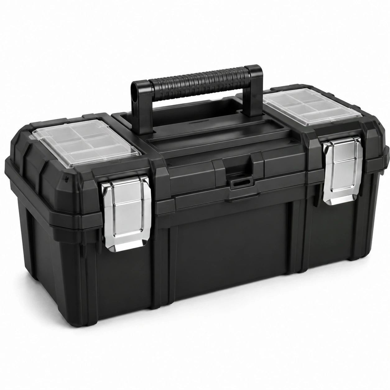 Boîte à outils en plastique avec compartiments transparents et attaches en métal