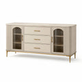 Buffet en bois avec portes en verre cannelé et trois tiroirs 170 cm beige