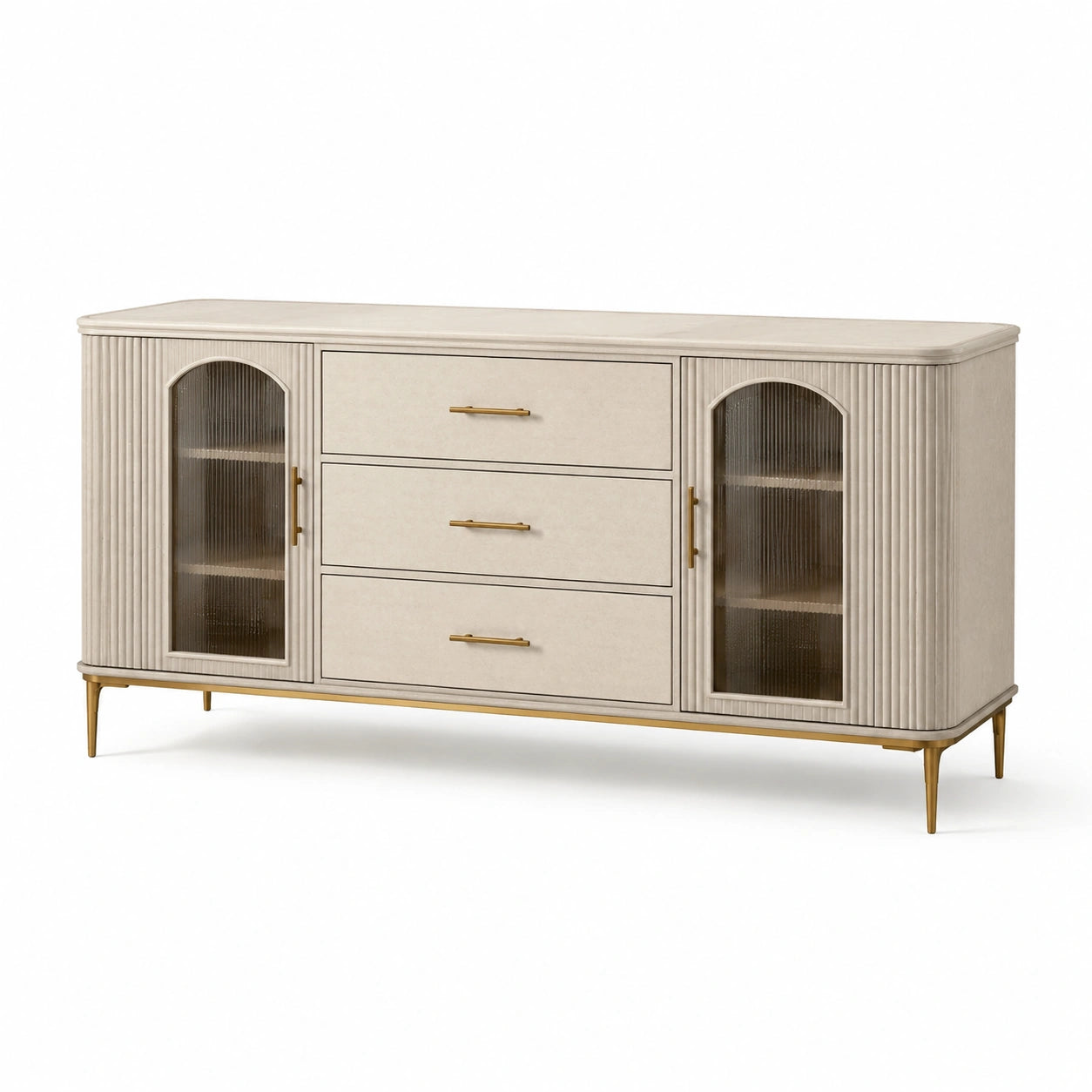 Buffet en bois avec portes en verre cannelé et trois tiroirs 170 cm beige