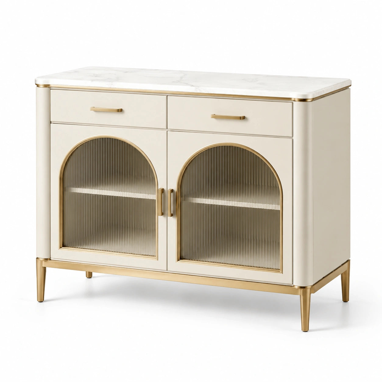 Buffet en bois avec plateau en marbre et portes en verre cannelé 90x40x80 cm