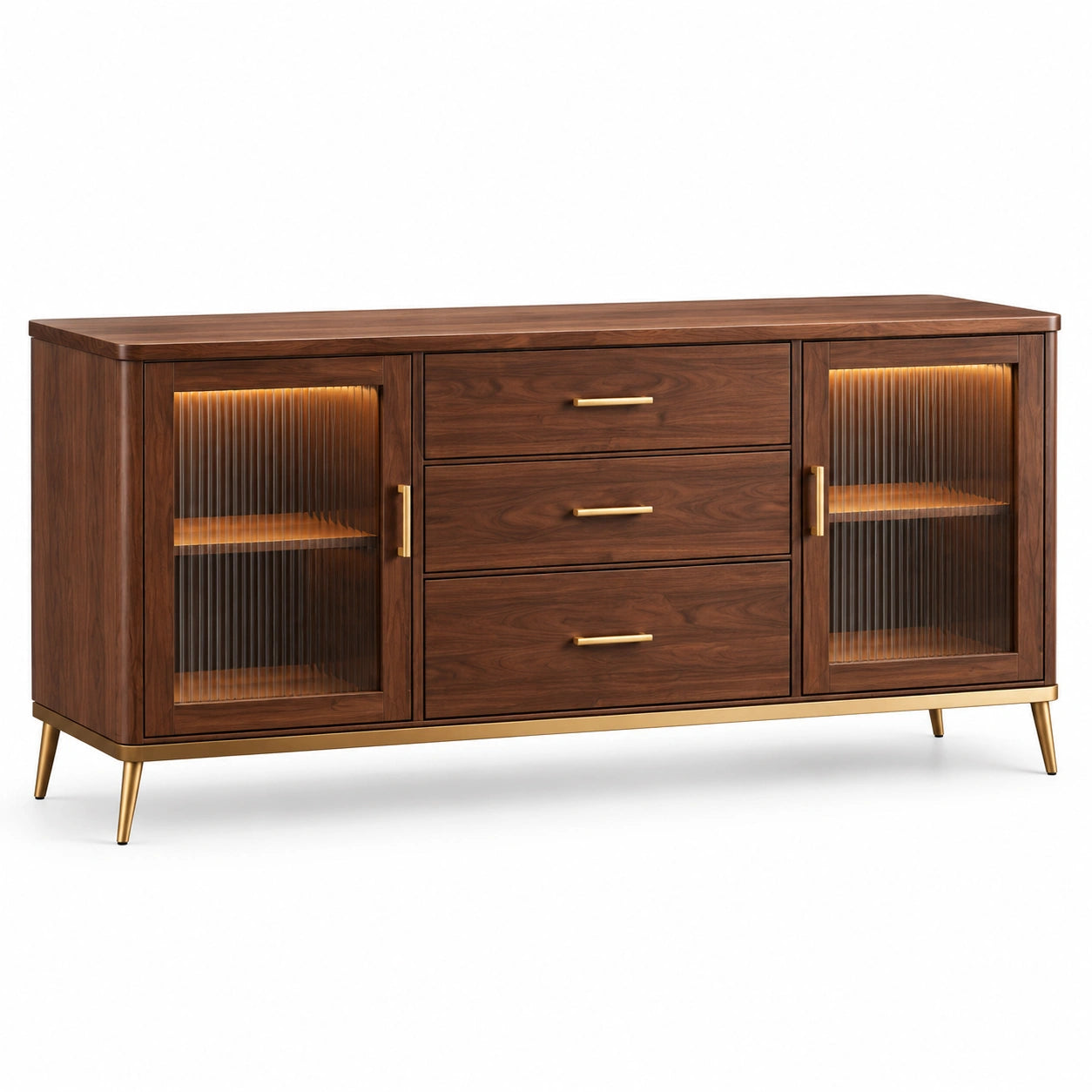 Buffet en bois avec portes en verre cannelé et pieds dorés 160x40x80 cm