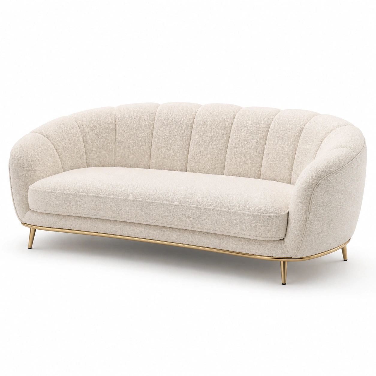 Canapé 3 places en tissu bouclé beige avec pieds en métal doré