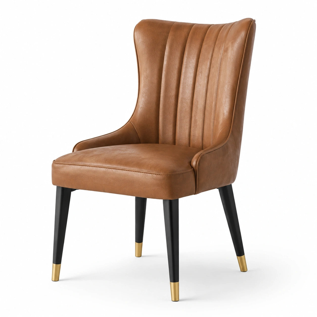 Chaise en cuir synthétique brun avec pieds en bois noir et embouts dorés