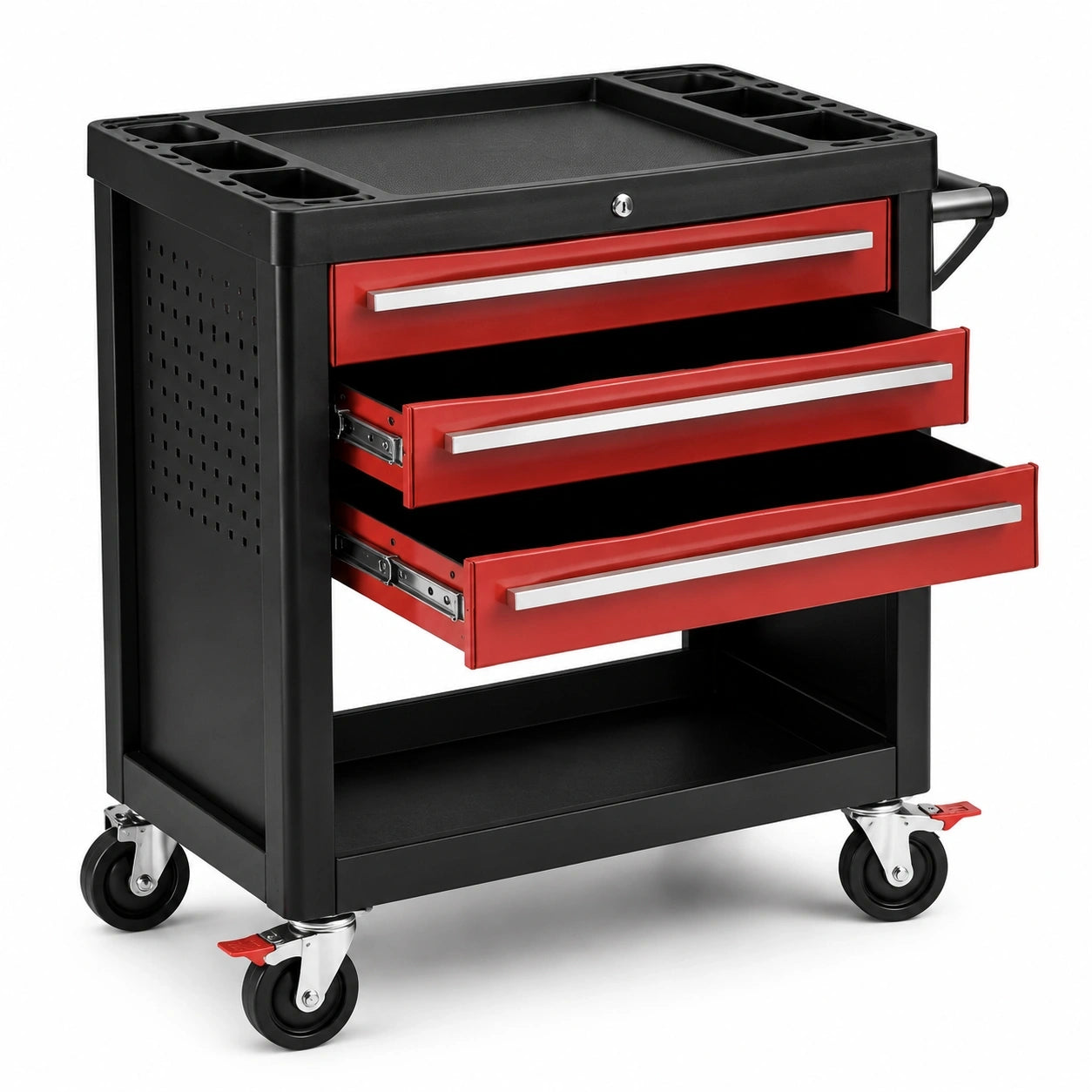 Chariot d'atelier en acier noir et rouge avec 3 tiroirs