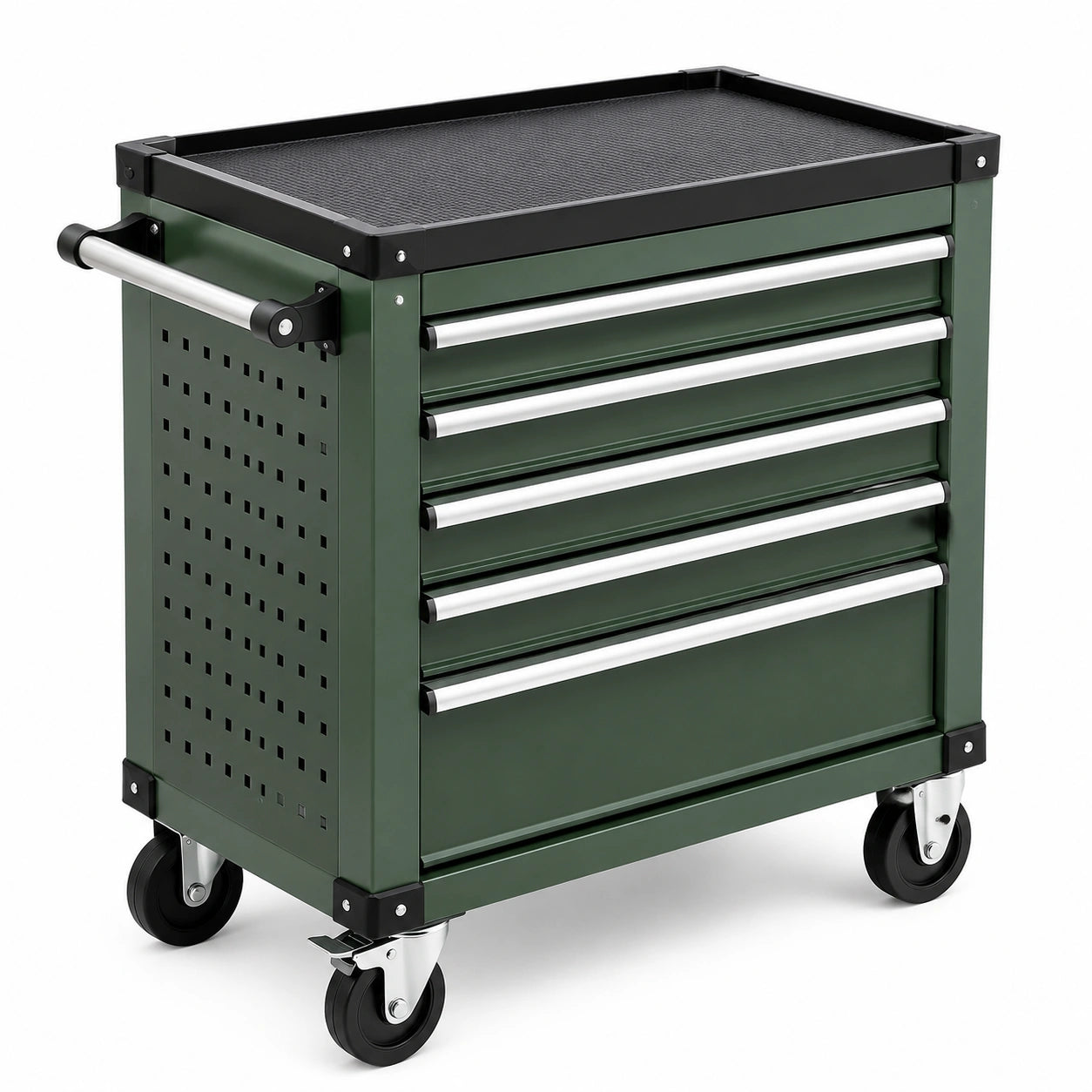 Chariot à outils en métal vert avec roulettes et 5 tiroirs