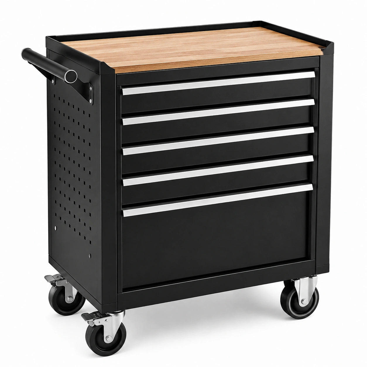 Chariot à outils en métal noir avec cinq tiroirs et plateau en chêne