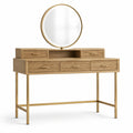 Coiffeuse en bois de chêne et métal doré avec miroir rond