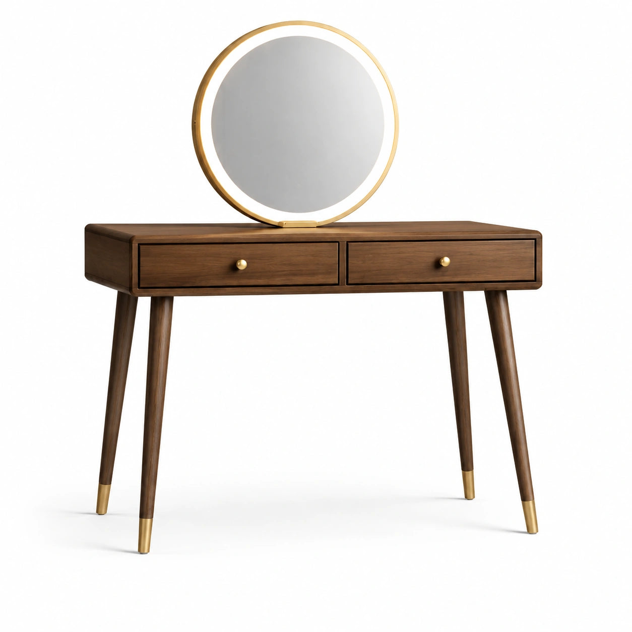 Coiffeuse en bois de noyer avec miroir rond et tiroirs