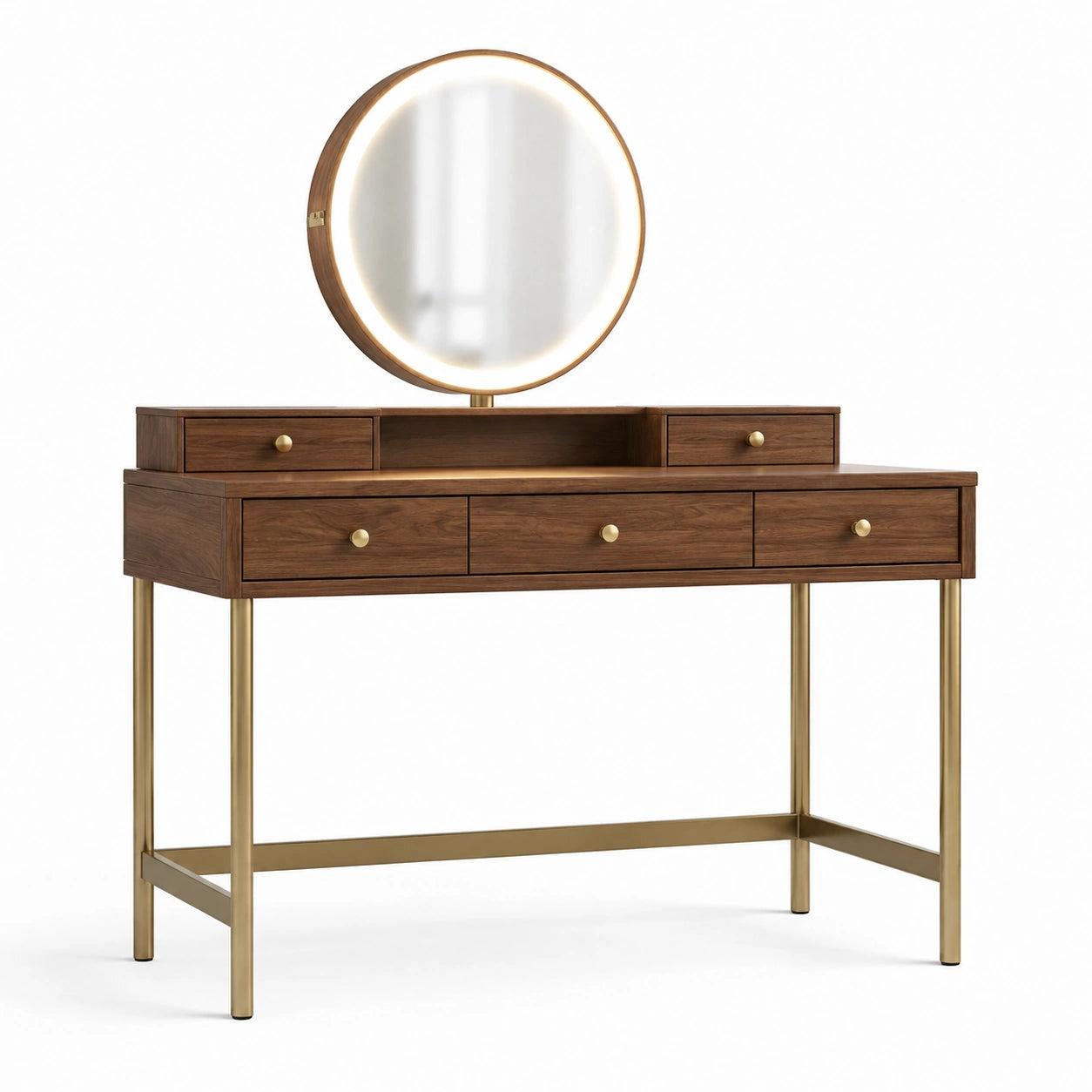 Coiffeuse en Bois de Noyer avec Miroir Rond et Pieds Métal Doré