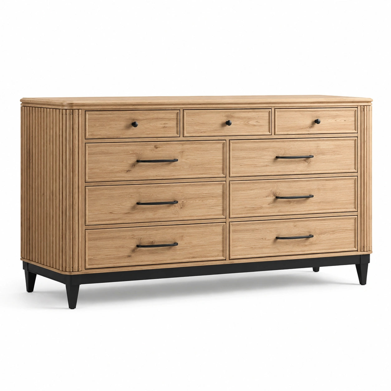 Commode en bois de chêne massif à 9 tiroirs avec poignées métal noir