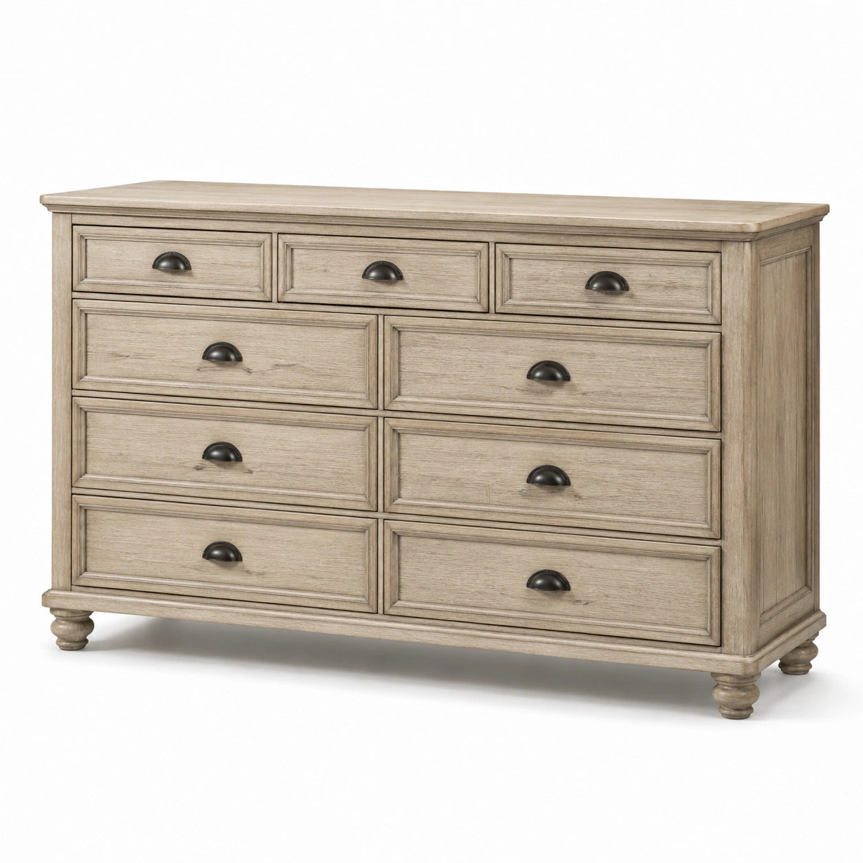 Commode 9 tiroirs chêne massif beige