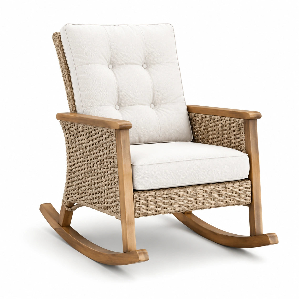 Fauteuil à bascule en bois et rotin avec coussins crème