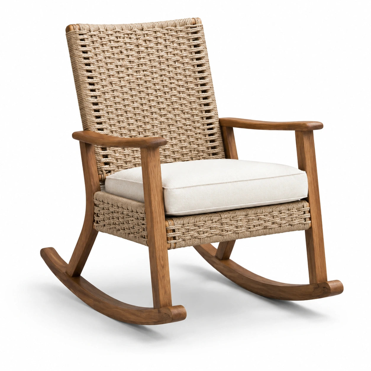 Chaise berçante en bois et rotin avec coussin beige