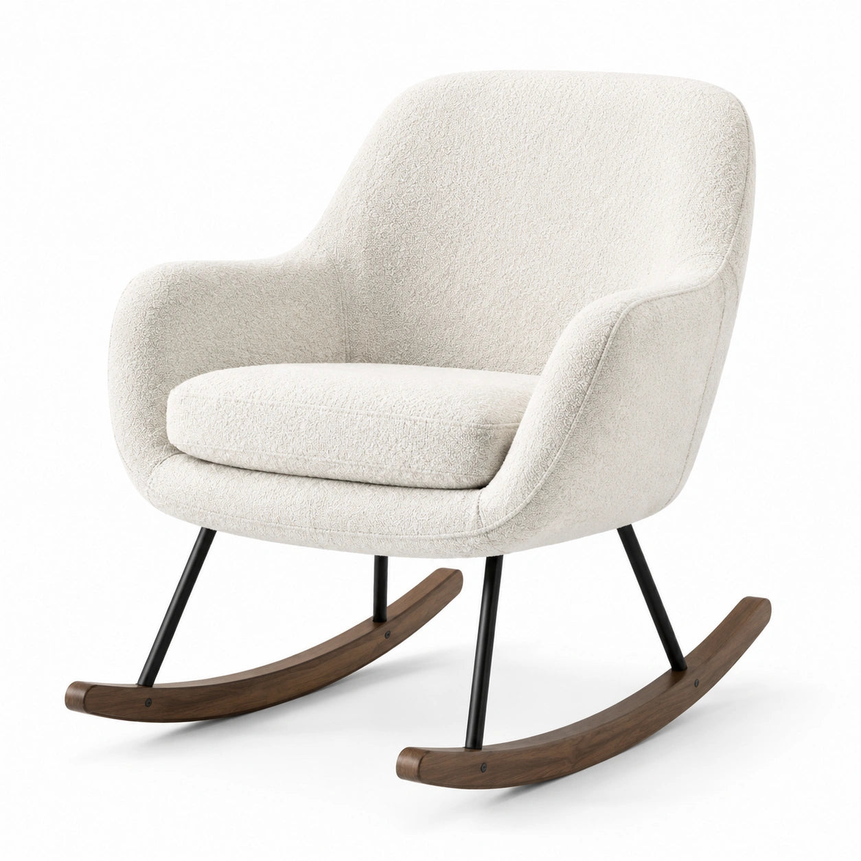 Fauteuil à bascule en tissu bouclé crème avec pieds en bois et métal